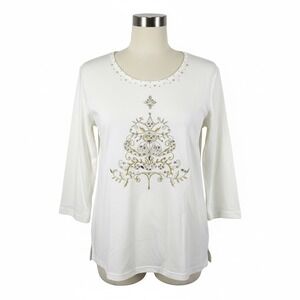 Quacker Factory White Christmas Tree Top Women Medium M Beaded Sequin 3/4 Sleeve